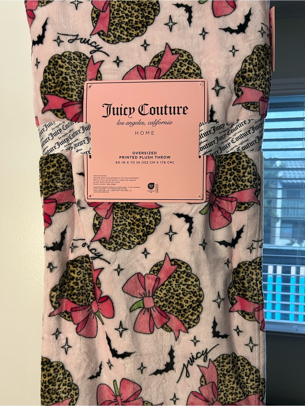 Juicy Couture Pink Plush Throw with Leopard Heart & Bow Print